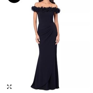 Xscape off the shoulder ruffle crepe gown